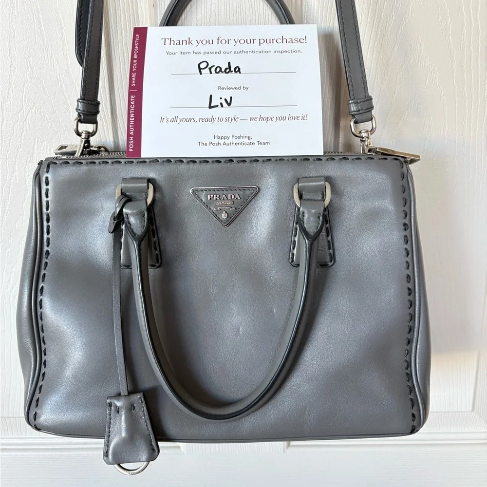 AUTHENTIC PRADA GALLERIA Grey Leather Bag with out-stiching detailing - Picture 3 of 16